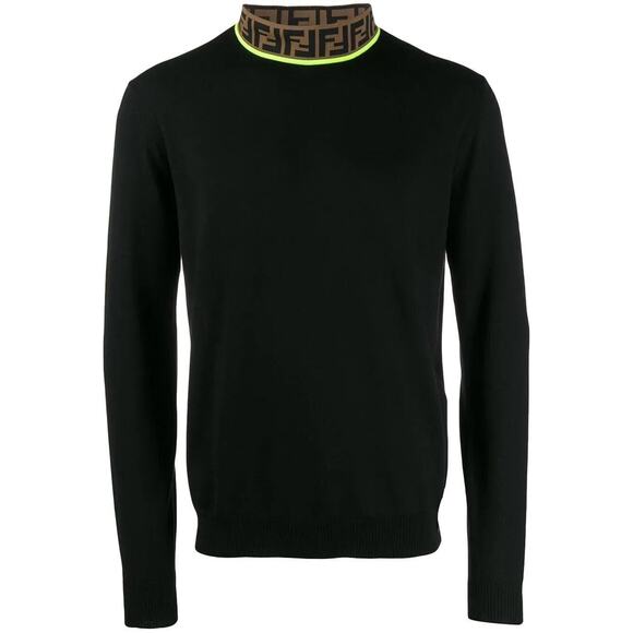 Fendi Brown Monogram Logo Green Trim Black Thin Knit Wool Turtleneck Sweater 48 - Picture 1 of 15